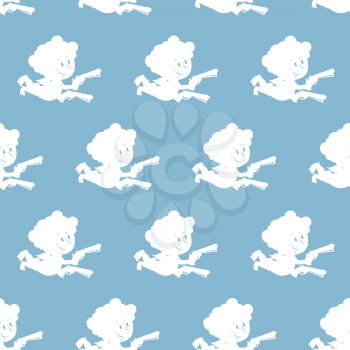 Cupid seamless pattern. White Angel on blue background. Texture for Valentine's day holiday. Ornament silhouette merry little angel with onions. Festive for St. Valentine's day.
