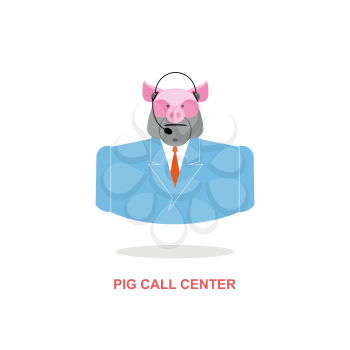 Pig call Center. Pig with headset. Farm animal costume responds to phone calls. Customer feedback for farm. Customer service support.
