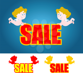Valentines day sale. Cupids bear sale. Little angel. Set of logos for storefront. Sales in festive day on February 14.
