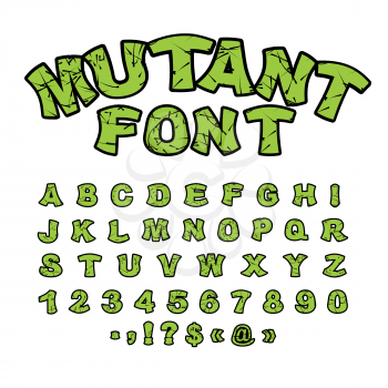 Mutant font. Green rough comic alphabet in style. Abstract ABC. Rough letters