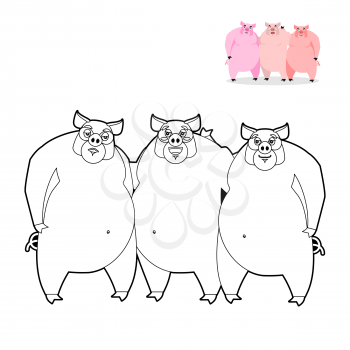 3 pig coloring book. Three Little Pigs in  linear style. Funny farm animals. Good character from fairy tale. Thick pink animal. Lovely boar
