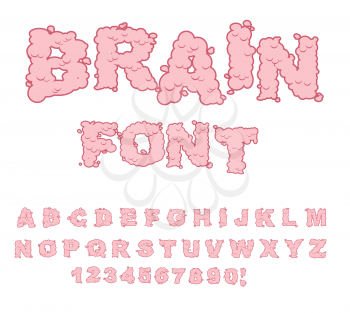 Brain font. Letters from Central department human nervous system. Pink Letters of convolutions. ABC of human brain
