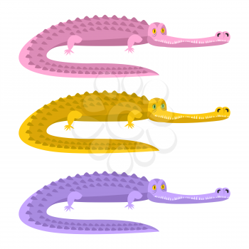 Colorful crocodile. Pink alligator. Yellow caiman. Purple reptile. Set of wild reptiles. Aggressive African aquatic predators