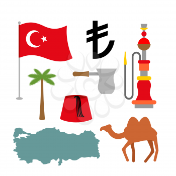Turkey symbol set. Turkish national icon. State traditional sign. Map and flag of country. Turk and Turkish lira sign. Camels and palm trees. Fez and hookah. Turkish National Patriotic attraction