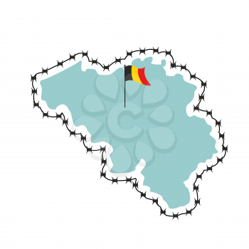 Belgium map. Map of states with barbed wire. Country closes border against refugees. European country to protect its borders. Belgian flag. Surrounded by perimeter fence