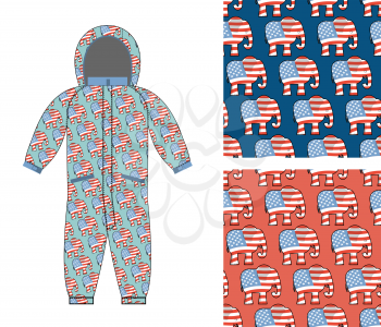 Republican baby Childrens clothing. Republican Elephant seamless pattern. Elephant texture. Symbol of  political party in America. Textures for girls and boys. Childrens Rompers design template. Suit 