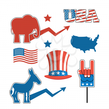 Set elections in America. Uncle Sam hat. American flag. Set  political debate in United States. US flag. Donkey and elephant symbols of political parties in America. Democrats against Republicans. Map