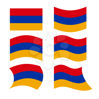Armenia flag. Set of flags of Armenian Republic in various forms. Evolving Armenian state flag in South Caucasus.

