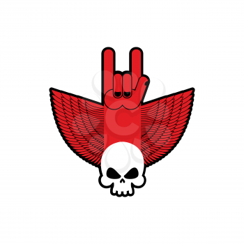 Rock hand and skull symbol of music. Rock and roll emblem isolated
