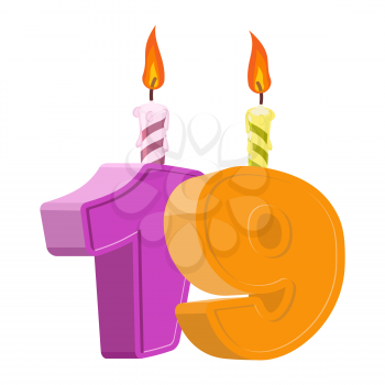 19 years birthday. Number with festive candle for holiday cake. nineteen Anniversary