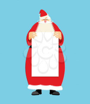 Santa Claus and blank sheet template isolated. Granddad in red suit and white beard. Christmas and New Year character
