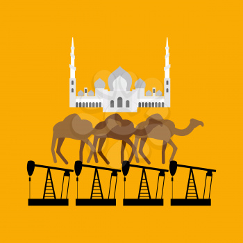 UAE system. Sheikh Zayed Mosque stands on camel and oil rig

