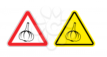 Warning sign garlic attention. Dangers yellow sign stench. Vegetables on red triangle. Set of road signs against unpleasant odor. Caution garlic
