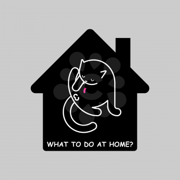 Stay at home. Cat licks itself. Pet inside house. Coronavirus isolation mode. Quarantine from the virus. Pandemic.