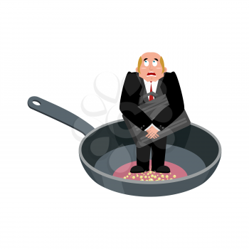 Businessman in frying pan. sinner in cauldron. boss is frying on hellfire. Religion is punishment for sins
