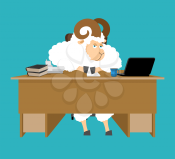 Ram boss. sheep businessman at desk. Farm office. Vector illustration.
