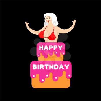 Happy birthday cake. Striptease Girl from cake congratulation. vector illustration
