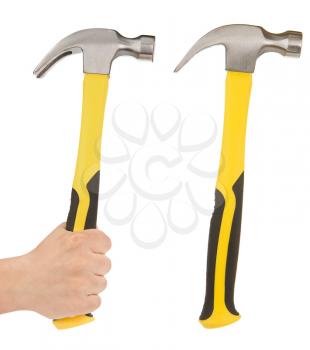 hand holding hammer isolated on white background