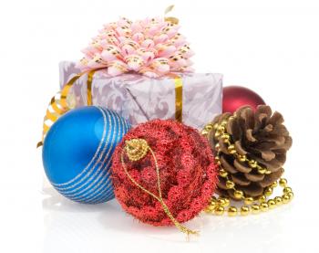 christmas gift box with christmas balls isolated on white background