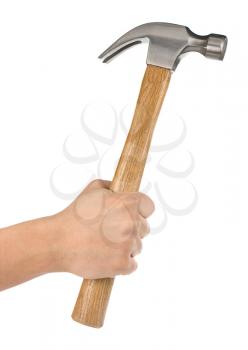 hand holding hammer isolated on white background