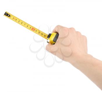 hand measuring by tape measure isolated on white background