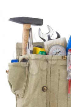 set of tools in bag box isolated on white background