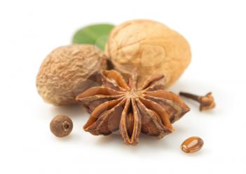 anise star and other spices on white background