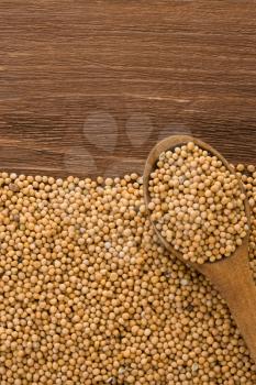 mustard spices and spoon on wood background