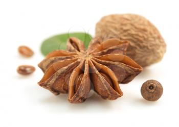 anise star and other spices on white background