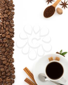 cup of coffee and beans isolated on white background