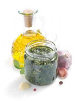 pesto sauce and ingredient isolated on white background