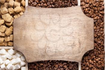 coffee beans and wooden plank banner background, top view