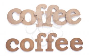 wooden coffee letters isolated on white background