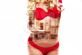 Amsterdam Red Light District City. Sexy blonde in red lingerie in Gordes where legalizovanna prostitution. double Exposure