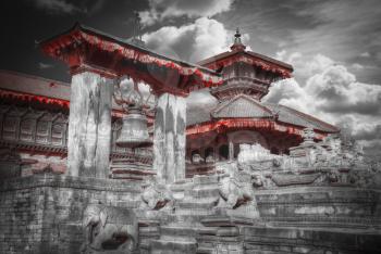 Temples of Durbar Square in Bhaktapur, Kathmandu valey, Nepal. black and white photography