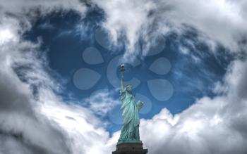 Statue of Liberty Neoclassical sculpture on Liberty Island southwest of Manhattan Island, USA. Clouds in the form of heart