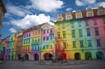 multicolored rainbow houses. beautiful old streets of Prague. Czech Republic