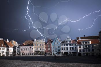 Tallinn - the capital of Estonia, the old city. Powerful lightning strike.