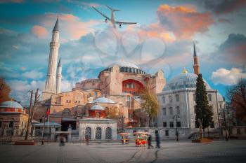 the plane is flying over Hagia Sophia (Ayasofya) .Istanbul, Turkey