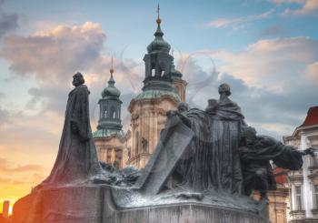Monument to Jan Hus is located in the Old Town Square of Prague.
