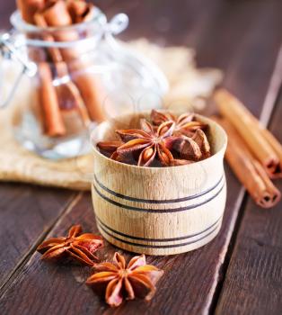 aroma spice on a table, aroma anise and cinnamon