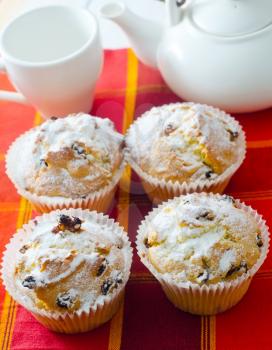 Sweet Muffins with tea on the table