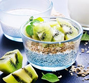 milk with chia seeds and kiwi in the bowl