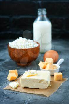 milk,butter and cheese on a table. Stock photo