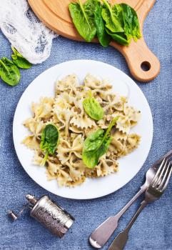 pasta with green sauce, pasta on white plate, stock photo