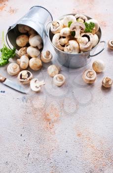 raw mushrooms in metal bucket, champignons in bucket