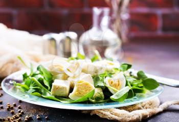 salad with cheese, fresh salad with camambert, salad on plate, stock photo