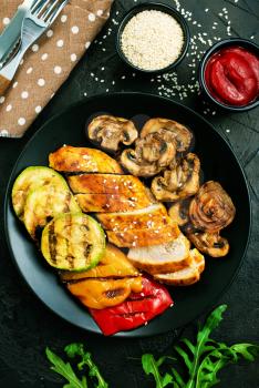 chicken meat with grilled vegetables on plate, grilled chicken with vegetables