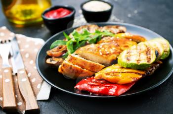 chicken meat with grilled vegetables on plate, grilled chicken with vegetables