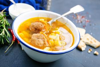 soup with meat balls and vegetables, soup in bowl